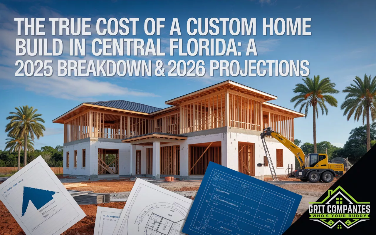 A graphic titled The True Cost of a Custom Home Build in Central Florida: A 2026 Breakdown & 2030 Projections, showing a luxury estate and blueprints.