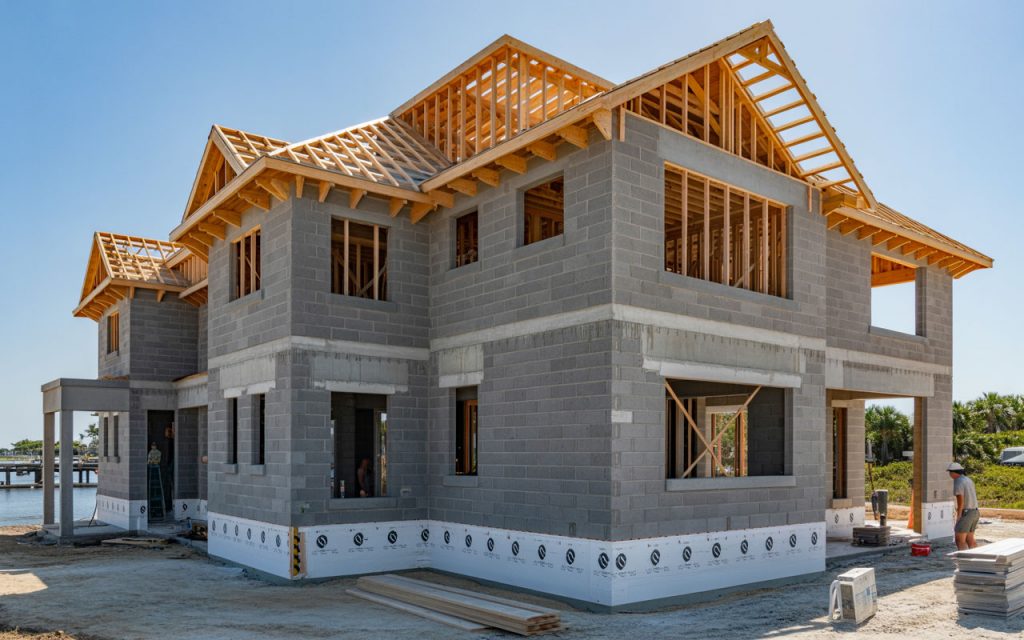 A large two-story residential home in DeLand featuring completed CMU block walls and wood roof framing, representing a finished shell construction project for an owner-builder.
