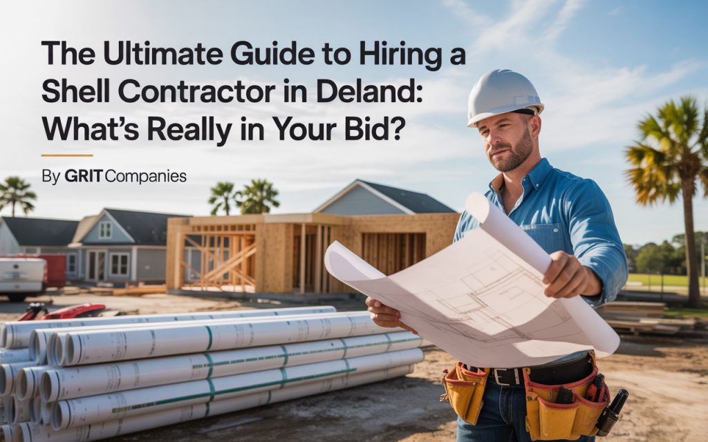 A DeLand shell contractor reviewing blueprints on a job site with a partially framed house in the background, under the guide title What's Really in Your Bid.