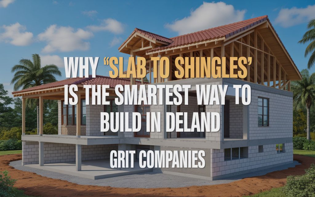 A DeLand home under shell construction with CMU block walls and roof framing, featuring text explaining why slab to shingles is the smartest way to build.