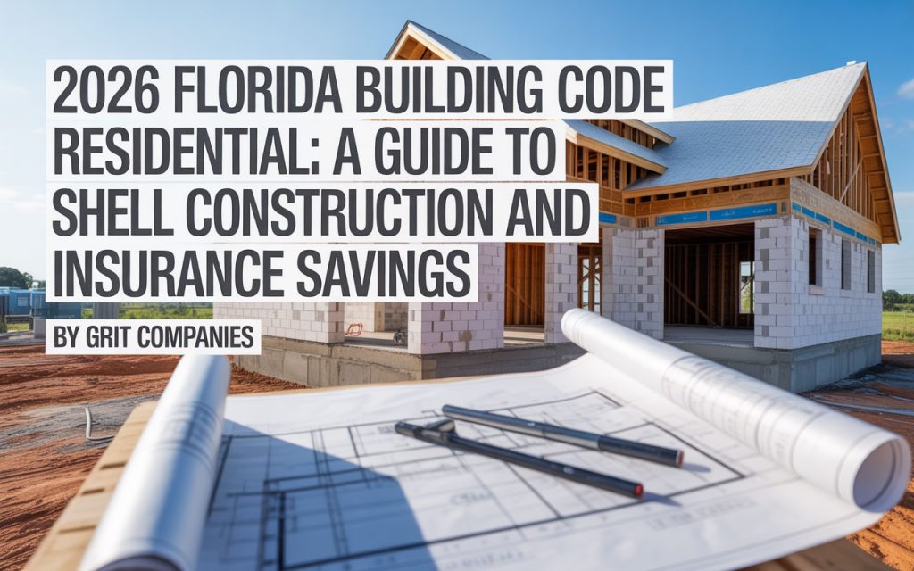 A graphic titled 2026 Florida Building Code Residential: A Guide to Shell Construction and Insurance Savings, showing blueprints unrolling in front of a CMU block home under construction.
