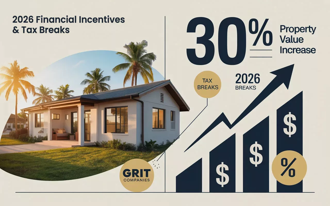 An infographic showing a 30 percent property value increase and 2026 financial incentives for building an ADU on a residential property.