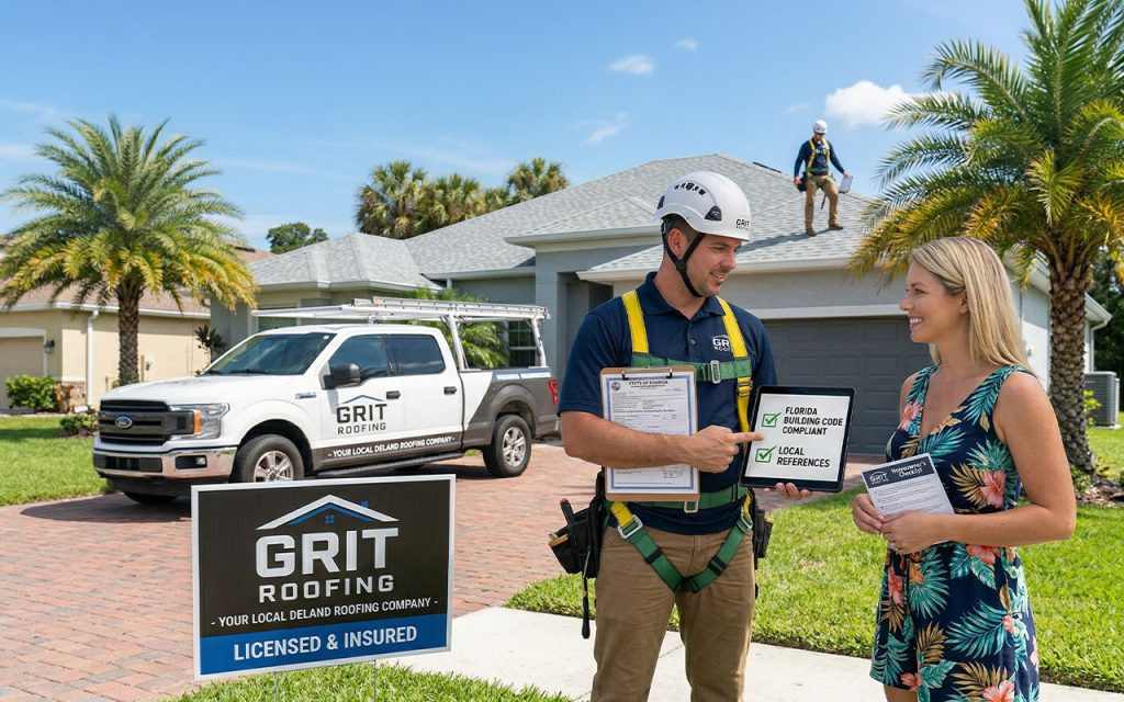 DeLand roofing company representative showing a homeowner a tablet with building code compliance