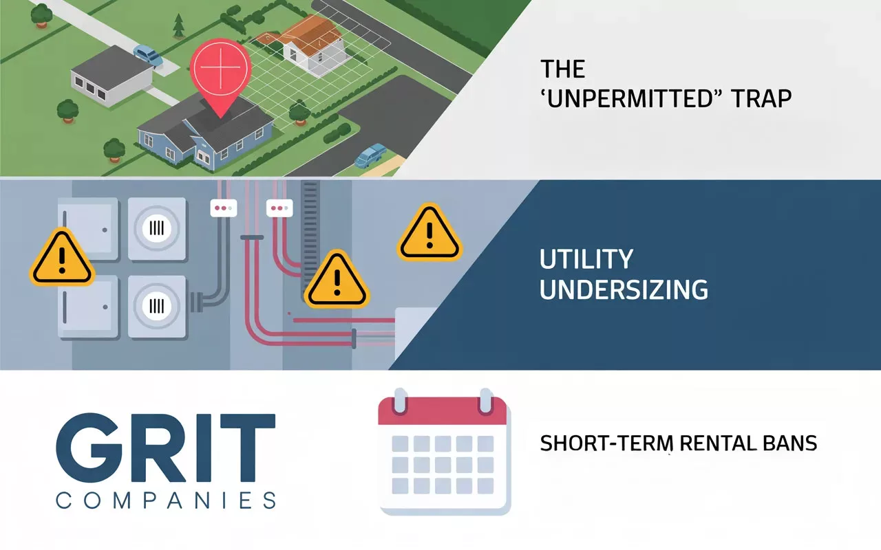 An infographic showing a DeLand map pin, warnings for utility overloading, and project timelines for building an ADU.