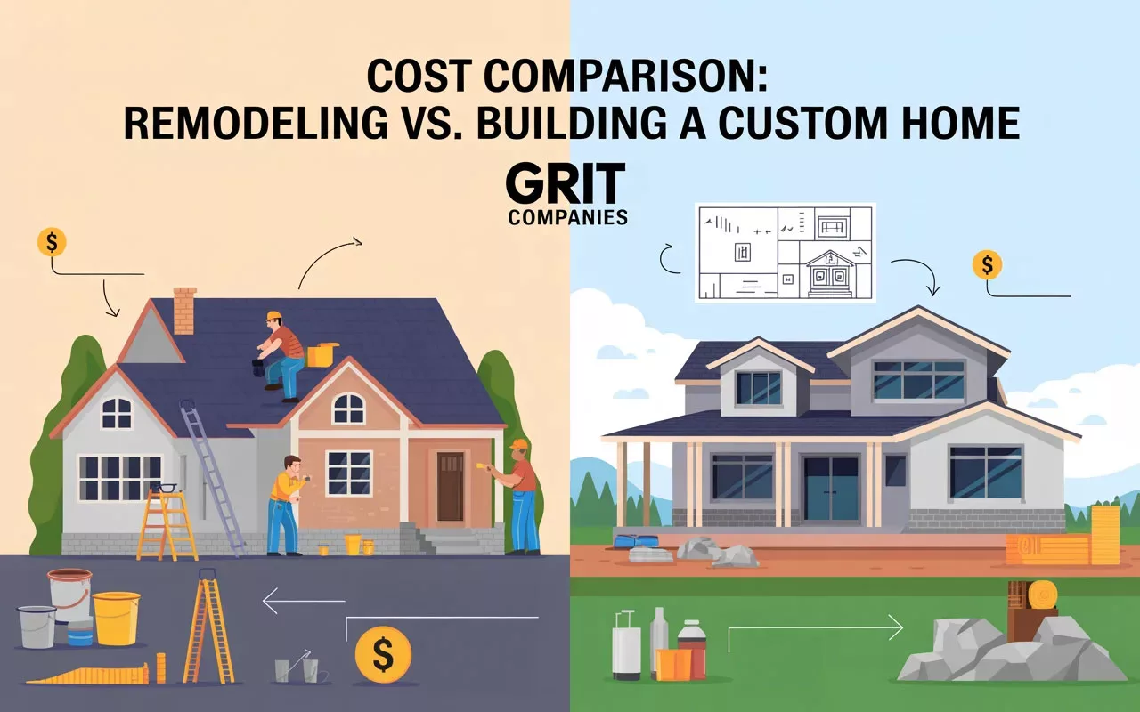 An infographic comparing the costs, timelines, and structural requirements of a whole house remodel versus a new custom home build.