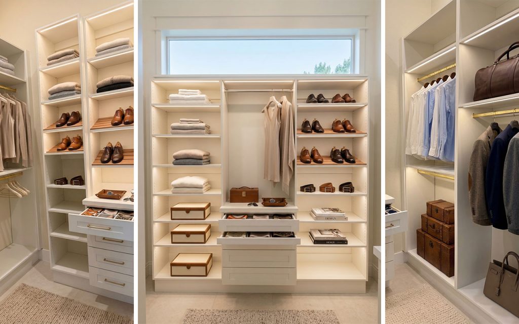 Custom closets ocala featuring luxury white cabinetry, integrated LED lighting, and custom shoe shelving.