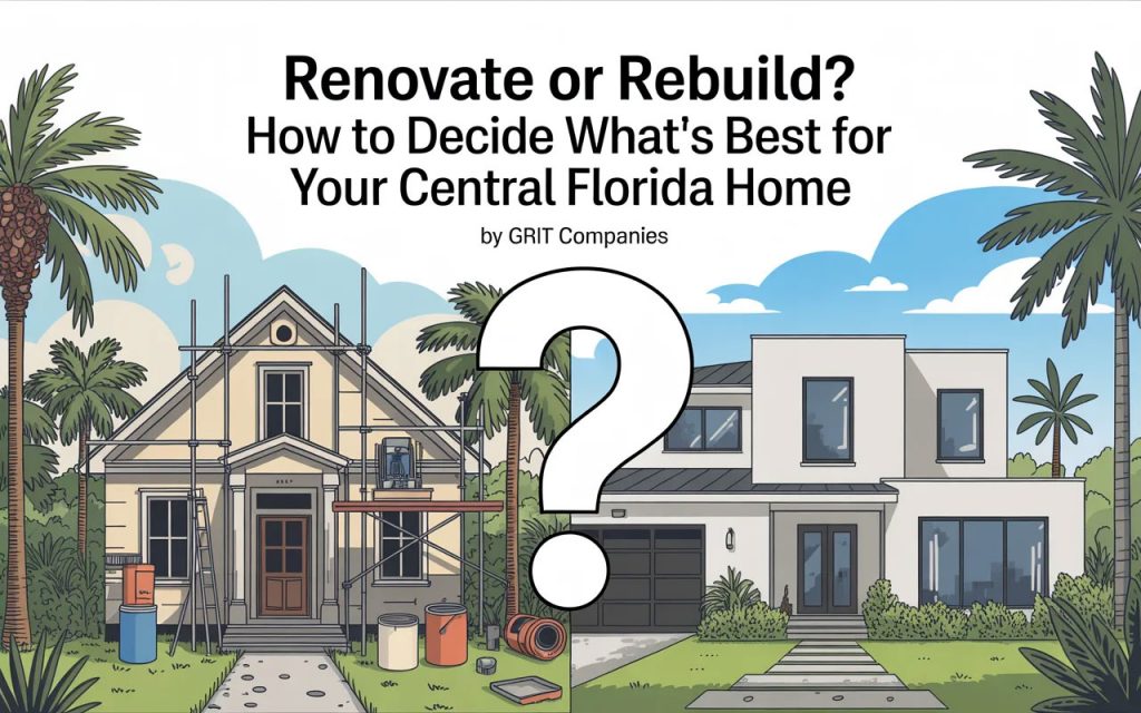 An illustrated graphic asking Renovate or Rebuild, showing an older house next to a modern custom home in Central Florida.