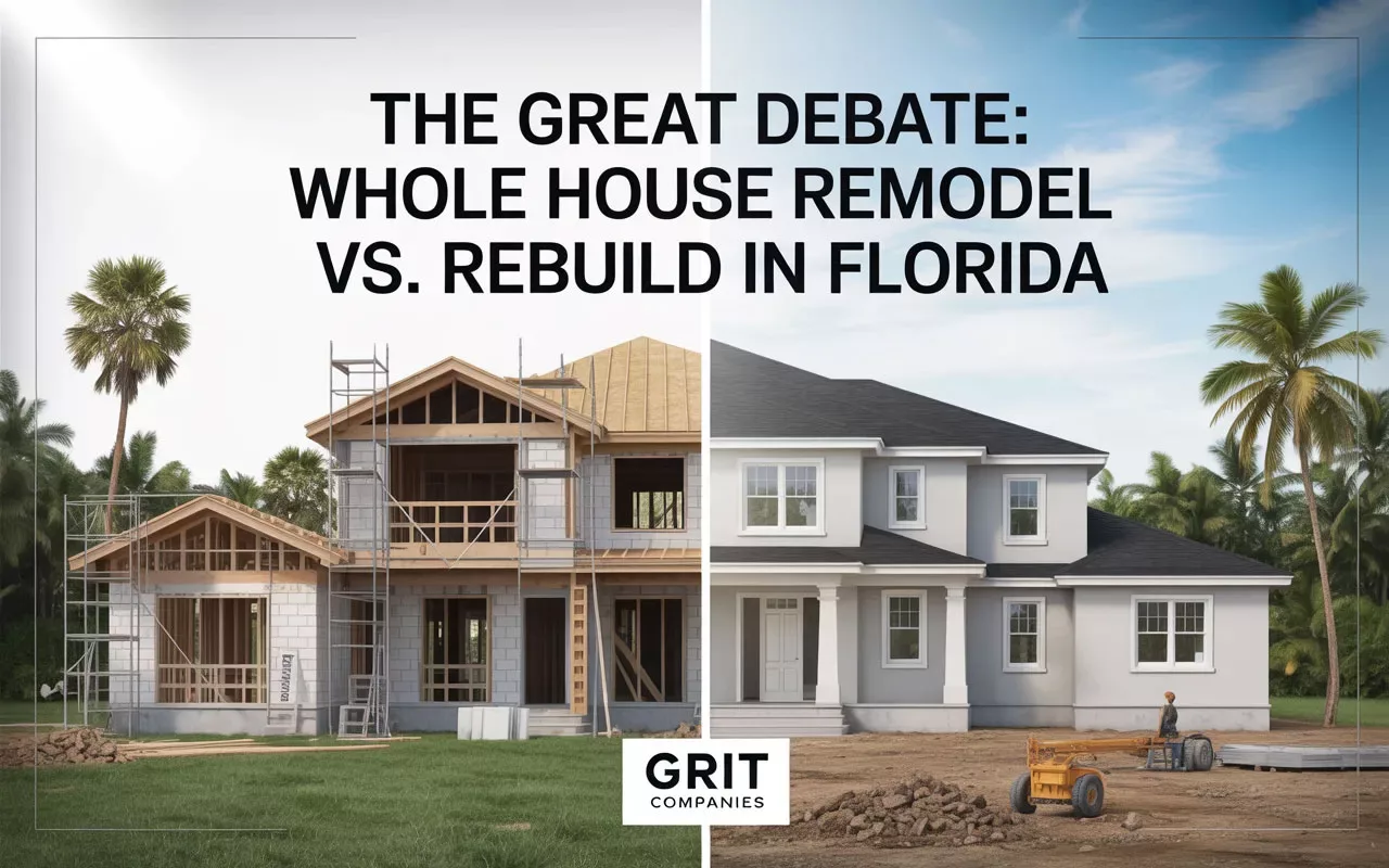 A split-screen graphic showing a house undergoing a whole house remodel on one side and a newly rebuilt modern home on the other in Florida.