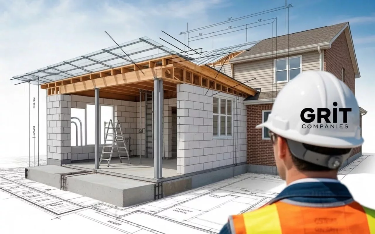A GRIT Companies construction manager in a branded hard hat reviewing blueprints for a concrete block in-law suite addition.