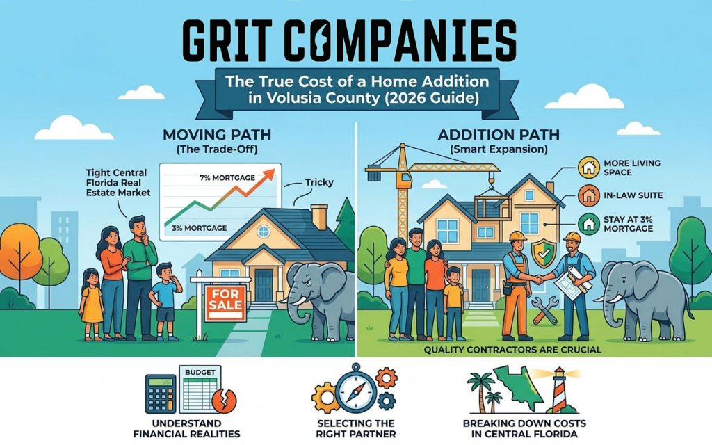 An infographic by GRIT Companies illustrating the true cost and value of a home addition in Volusia County for 2026, featuring a family and a house under construction.