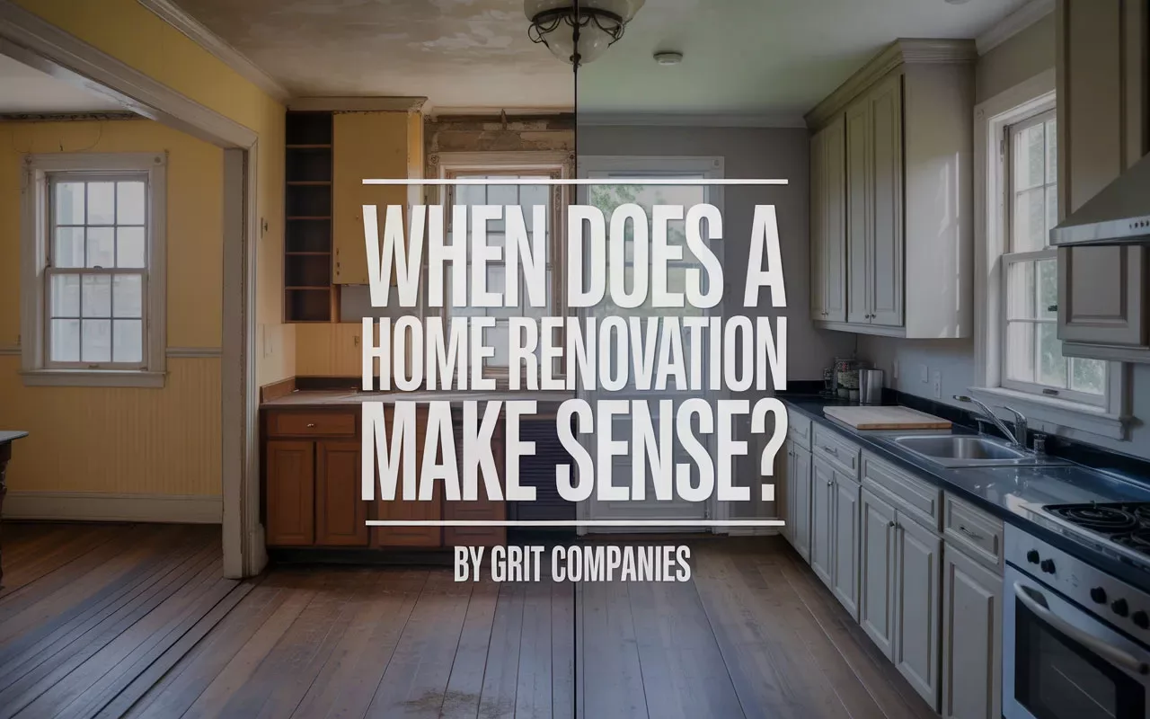 An interior view of a dated, empty kitchen representing a property ready for a whole house remodel by GRIT Companies.