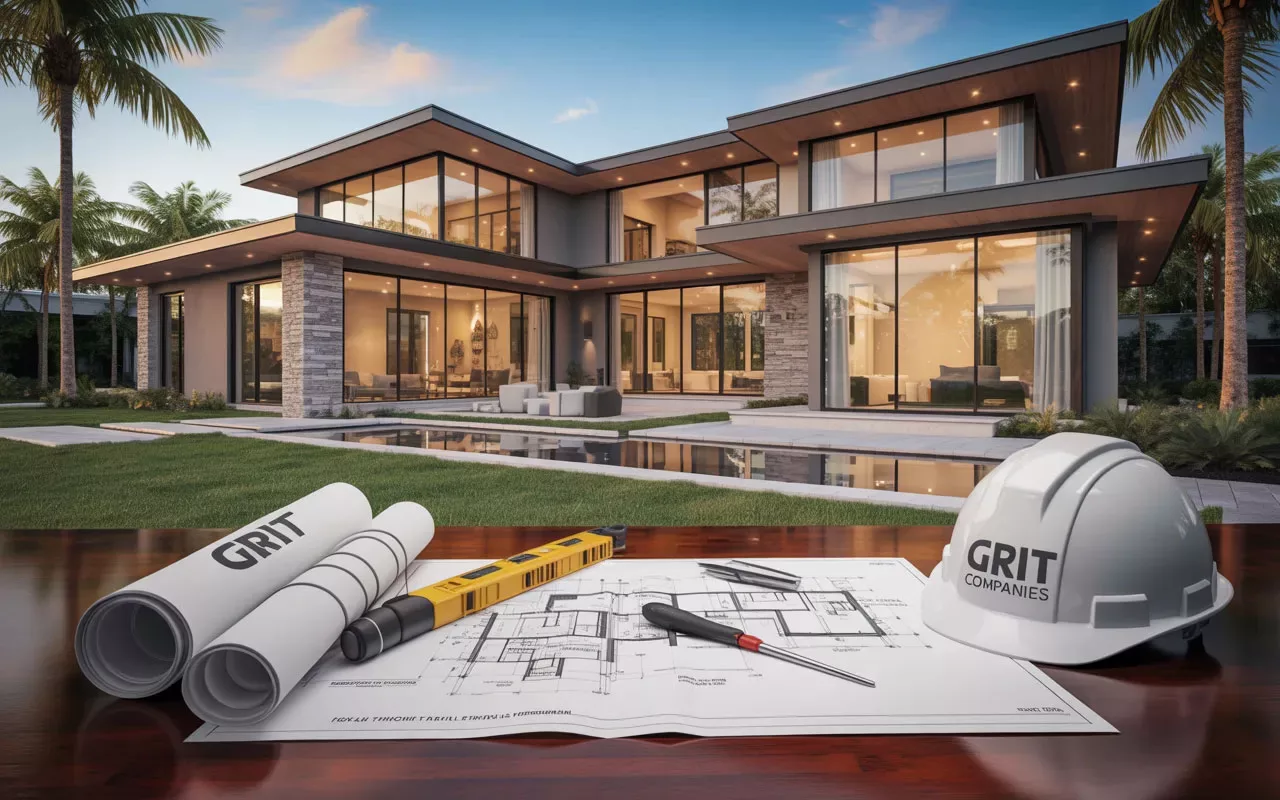 A GRIT Companies branded hard hat resting on architectural blueprints for a Central Florida custom home build or renovation.