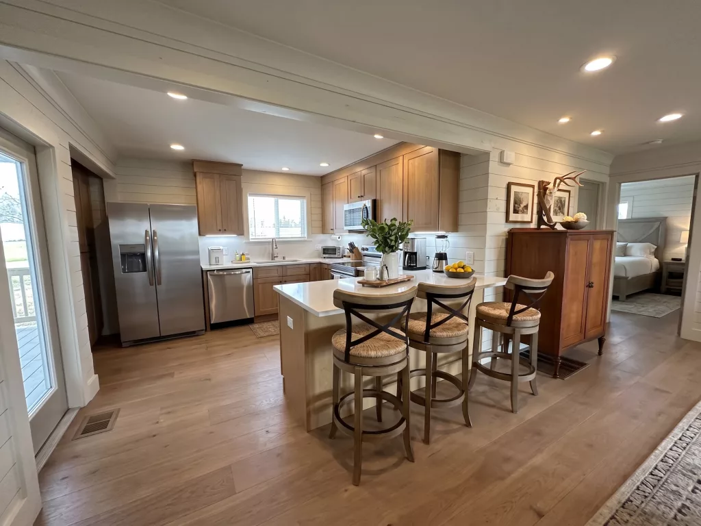 Bright open-concept kitchen and island seating in our DeLeon Springs short-term rental, a premier Airbnb near Whitewood Ranch.