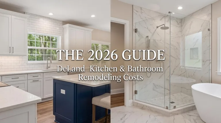 Split view showing a modern kitchen remodel on the left and a luxury bathroom on the right for a 2026 DeLand remodeling guide.
