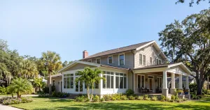 A wide exterior view of a renovated traditional two-story home in DeLand, Florida, featuring a seamless, glass-enclosed sunroom addition and a large covered porch set against a clear blue sky.
